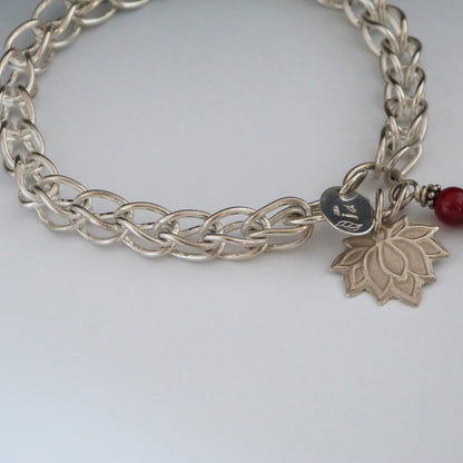 Sterling Silver Link Bracelet with Lotus and Gemstones