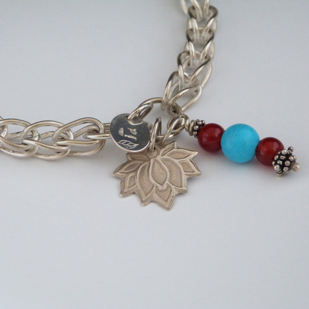 Sterling Silver Link Bracelet with Lotus and Gemstones