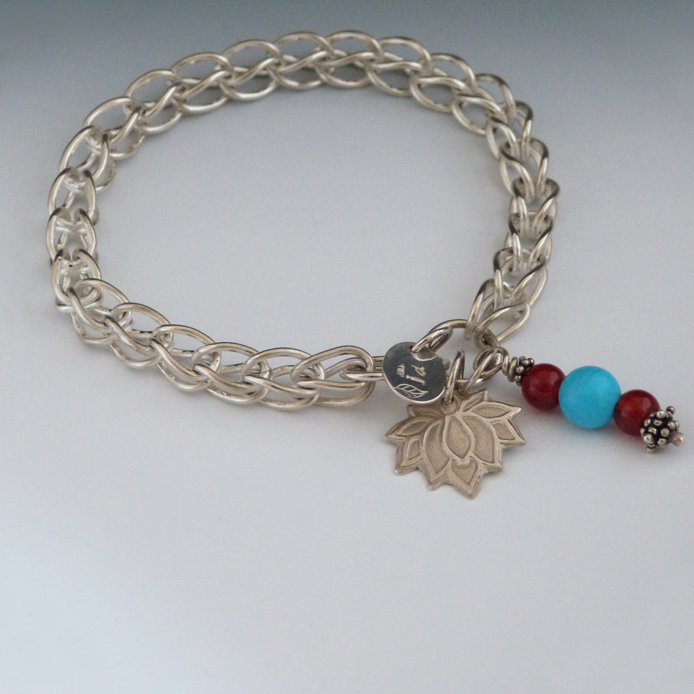 Sterling Silver Link Bracelet with Lotus and Gemstones