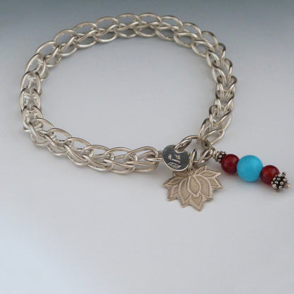 Sterling Silver Link Bracelet with Lotus and Gemstones