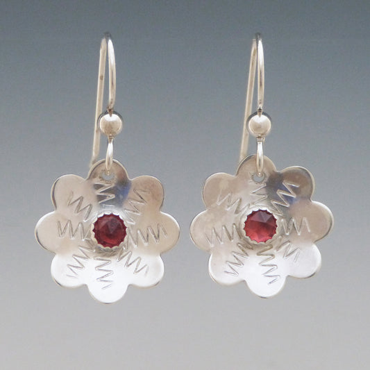 Garnet Gem Stone Flower Earrings