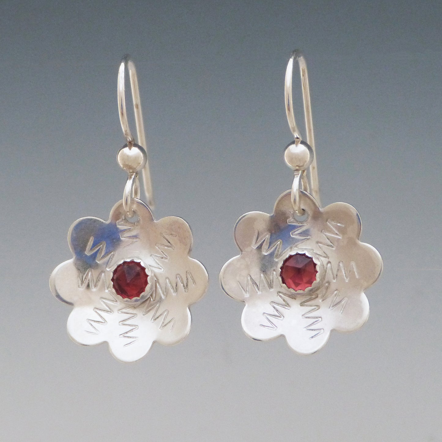 Garnet Gem Stone Flower Earrings