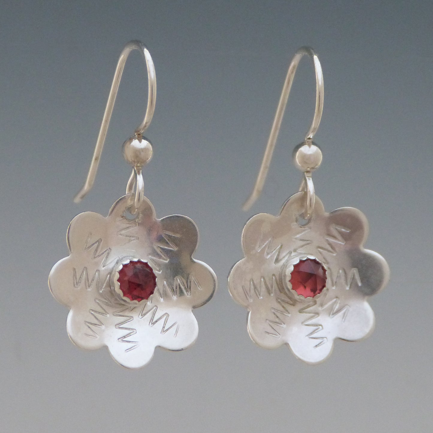 Garnet Gem Stone Flower Earrings
