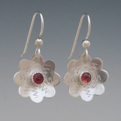 Garnet Gem Stone Flower Earrings