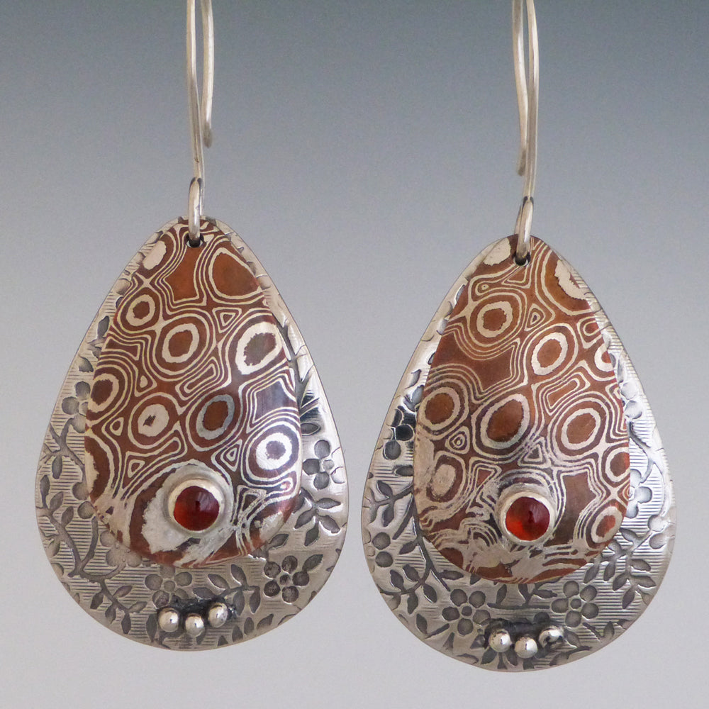 Mokume and Sterling Silver Floral Garnet Earrings