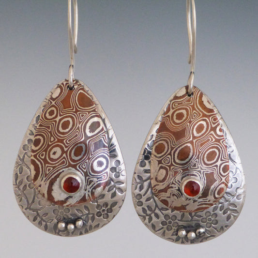 Mokume and Sterling Silver Floral Garnet Earrings