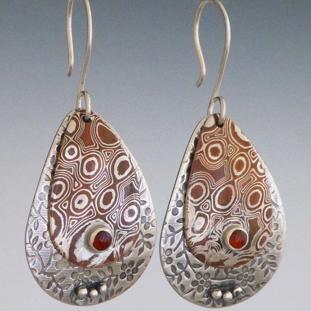 Mokume and Sterling Silver Floral Garnet Earrings