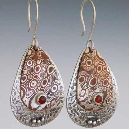 Mokume and Sterling Silver Floral Garnet Earrings