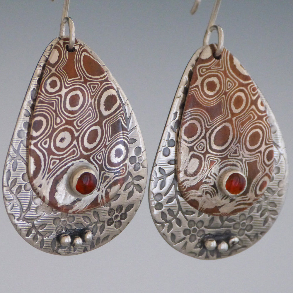 Mokume and Sterling Silver Floral Garnet Earrings