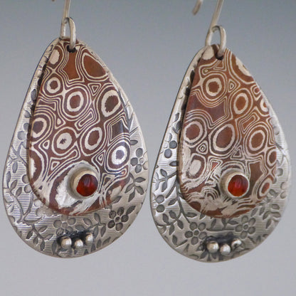 Mokume and Sterling Silver Floral Garnet Earrings