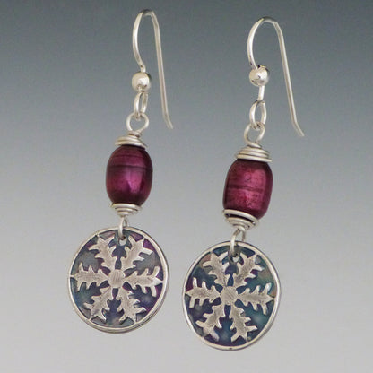 Silver Snowflake and Deep Red Pearl Earrings