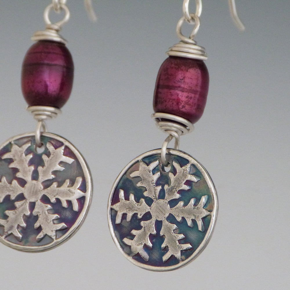Silver Snowflake and Deep Red Pearl Earrings