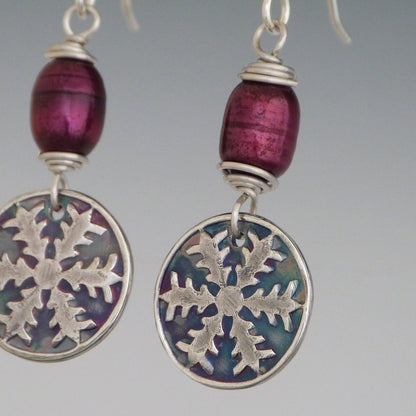 Silver Snowflake and Deep Red Pearl Earrings