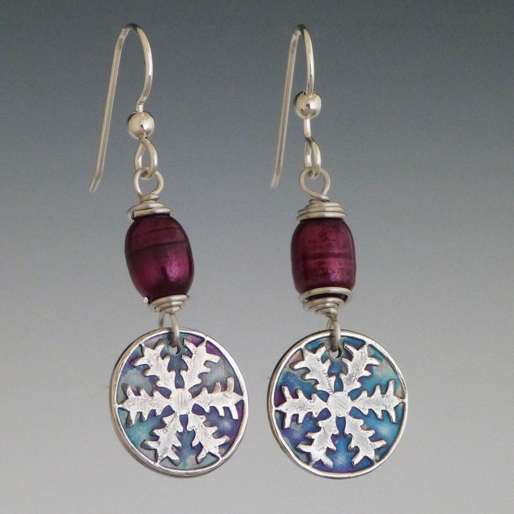 Silver Snowflake and Deep Red Pearl Earrings