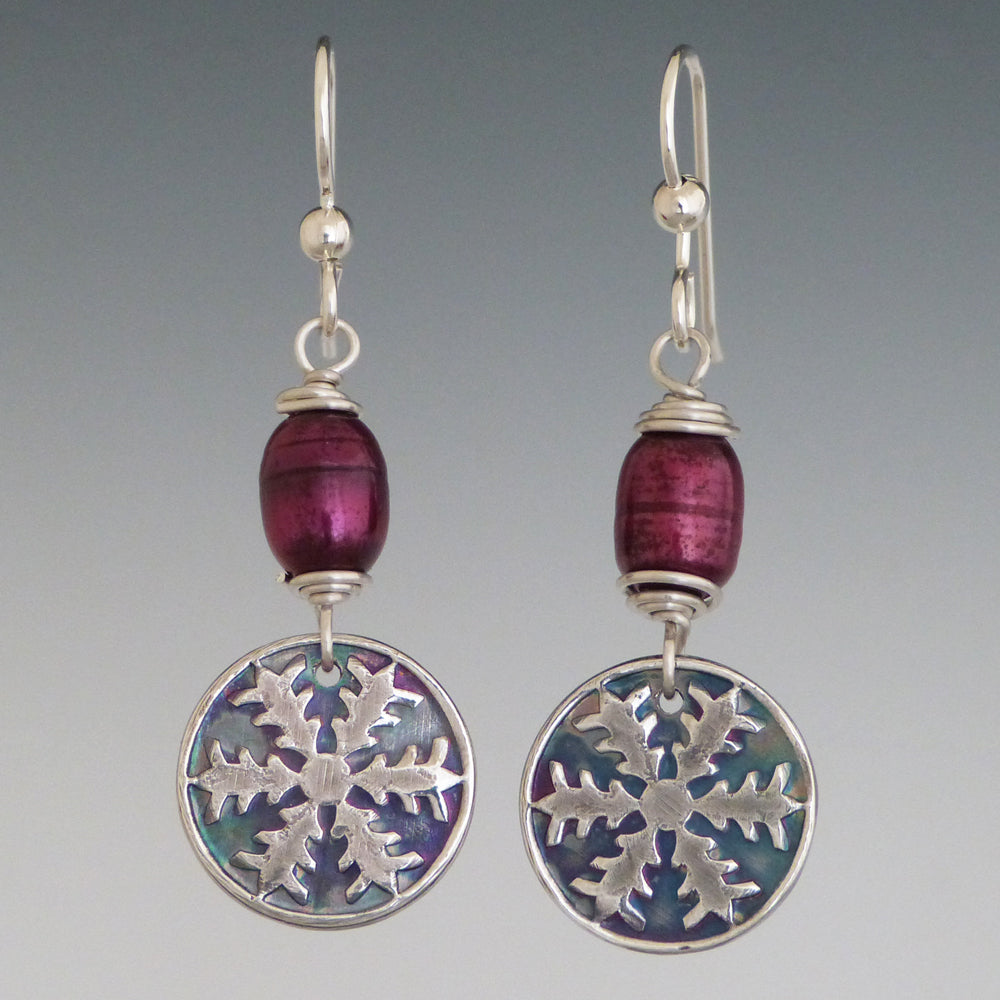 Silver Snowflake and Deep Red Pearl Earrings