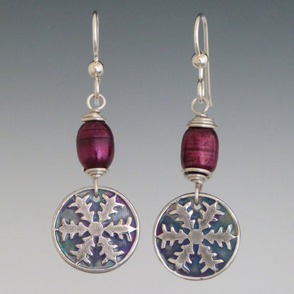 Silver Snowflake and Deep Red Pearl Earrings