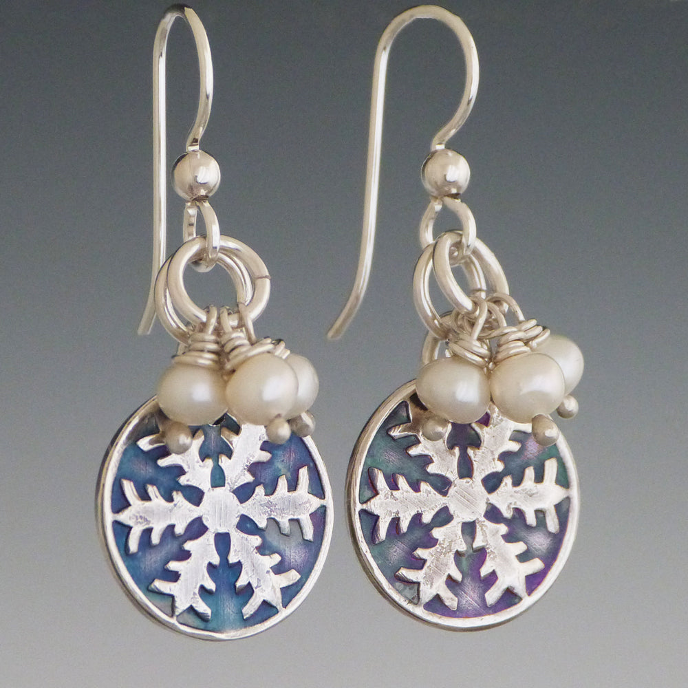 Silver and White Pearl Snowflake Earrings