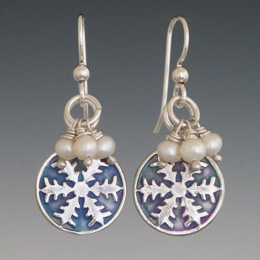 Silver and White Pearl Snowflake Earrings