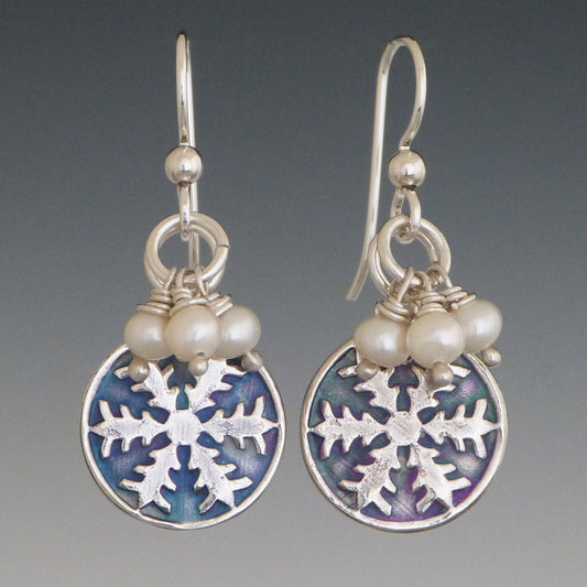Silver and White Pearl Snowflake Earrings