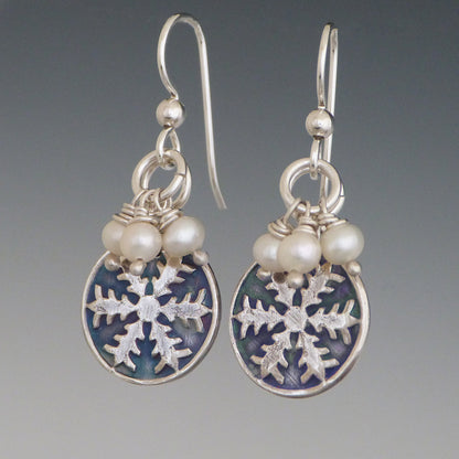 Silver and White Pearl Snowflake Earrings