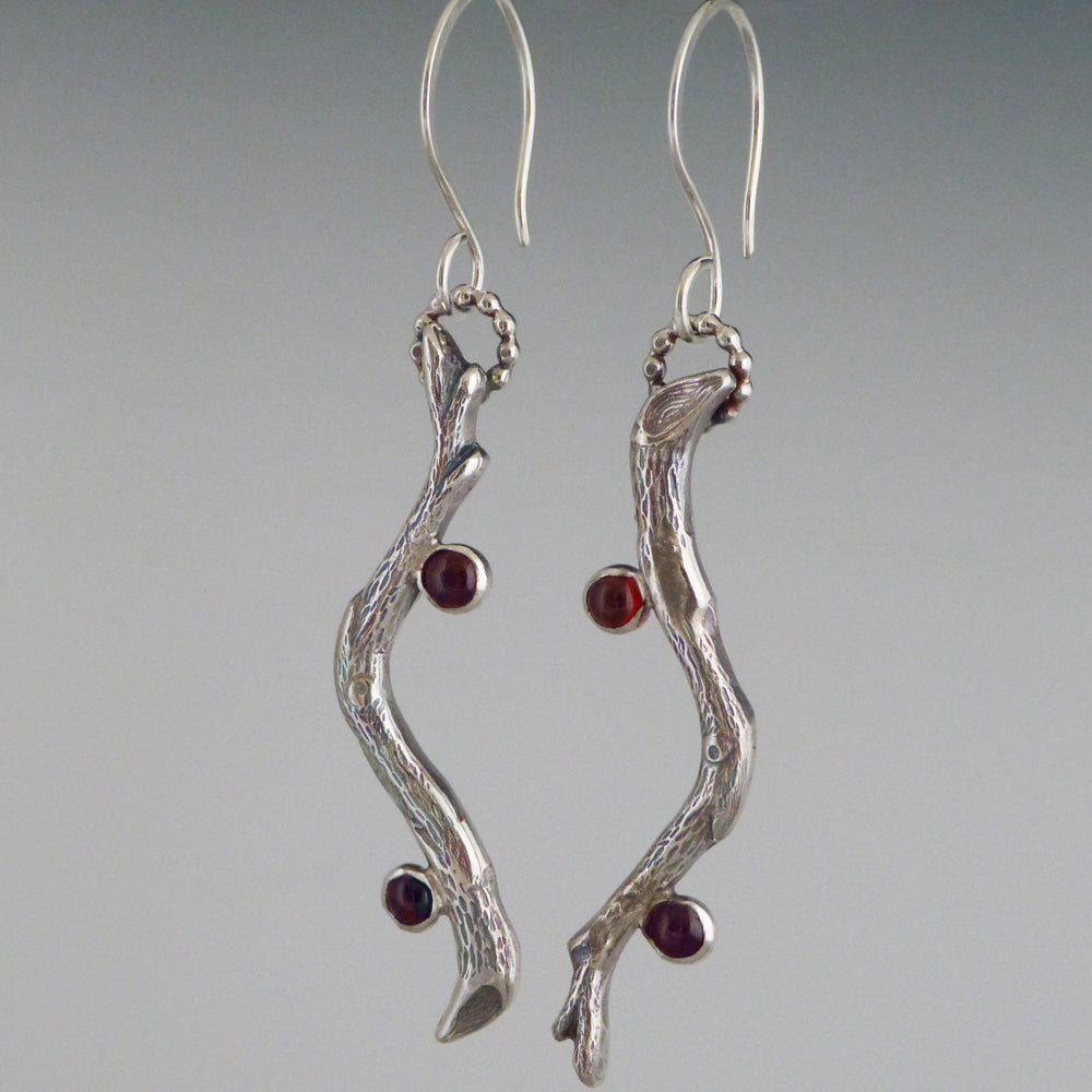 Sterling Silver Twig Earrings with Garnets