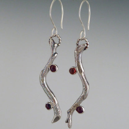 Sterling Silver Twig Earrings with Garnets