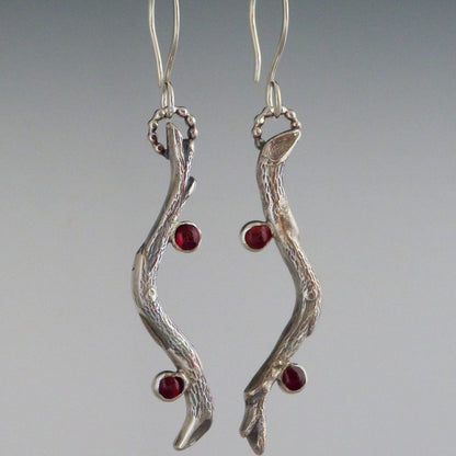 Sterling Silver Twig Earrings with Garnets