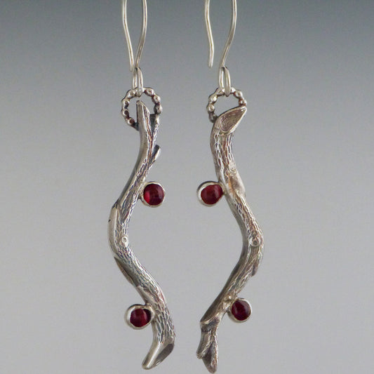 Sterling Silver Twig Earrings with Garnets