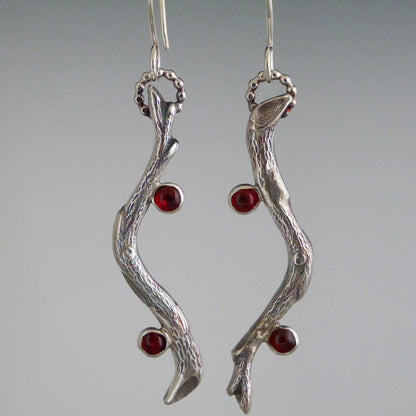 Sterling Silver Twig Earrings with Garnets