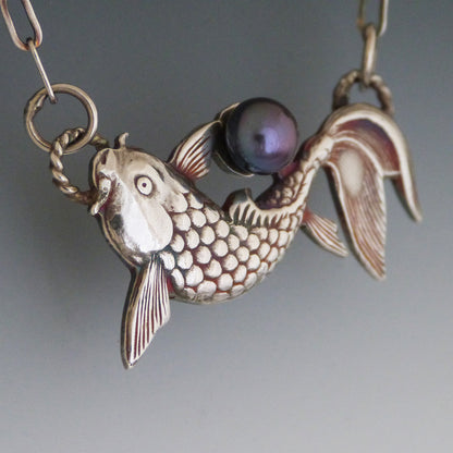 Fine Silver Koi Fish Necklace with Black Freshwater Pearl