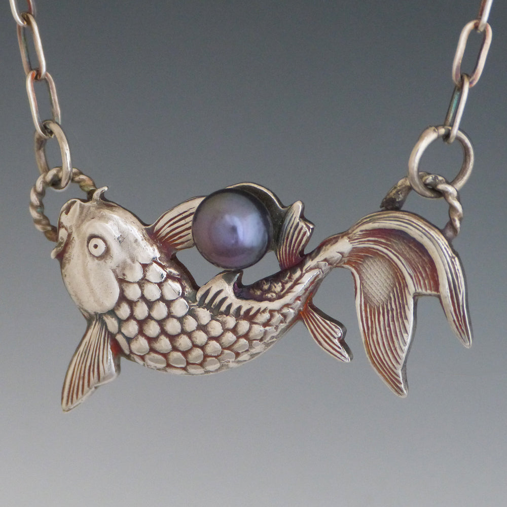 Fine Silver Koi Fish Necklace with Black Freshwater Pearl