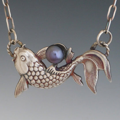 Fine Silver Koi Fish Necklace with Black Freshwater Pearl