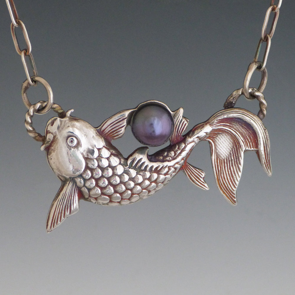 Fine Silver Koi Fish Necklace with Black Freshwater Pearl