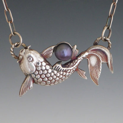 Fine Silver Koi Fish Necklace with Black Freshwater Pearl
