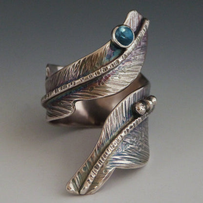 Adjustable Sterling Silver Topaz Feather Ring