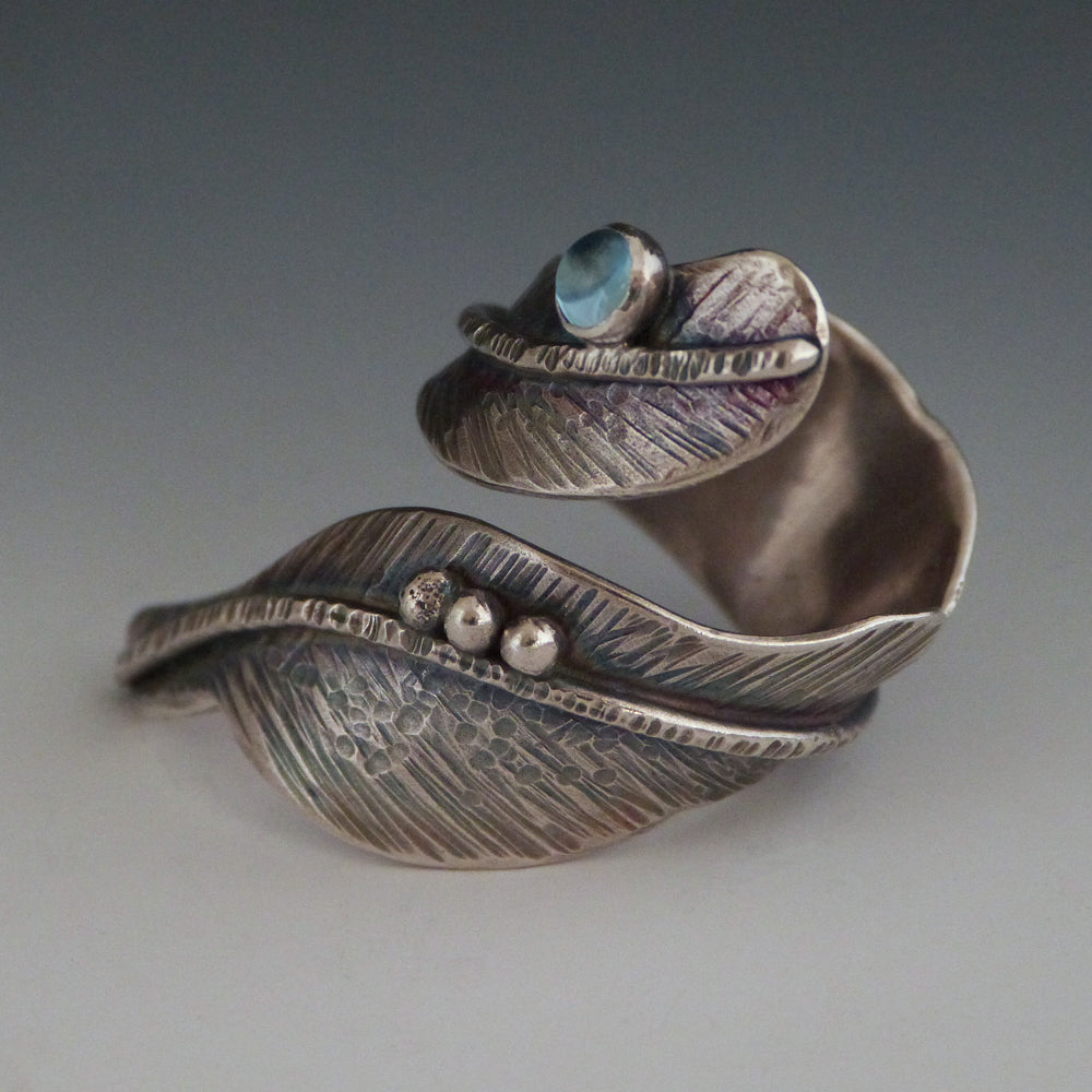 Adjustable Sterling Silver Topaz Feather Ring