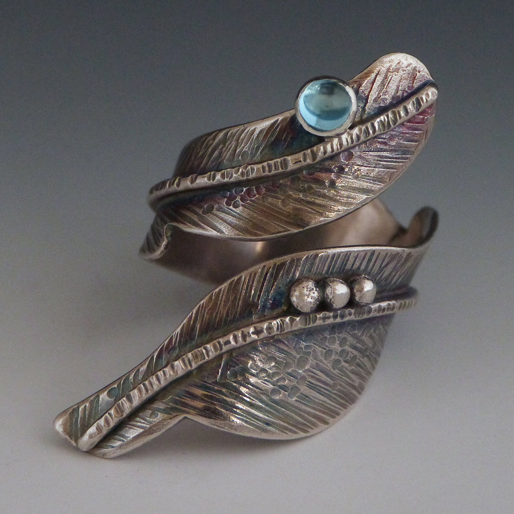 Adjustable Sterling Silver Topaz Feather Ring