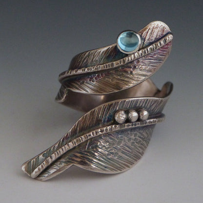 Adjustable Sterling Silver Topaz Feather Ring