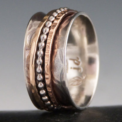 Tripple Spinner Ring Sterling Silver 14k Rose and Yellow Gold Fill