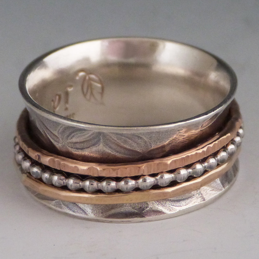 Tripple Spinner Ring Sterling Silver 14k Rose and Yellow Gold Fill