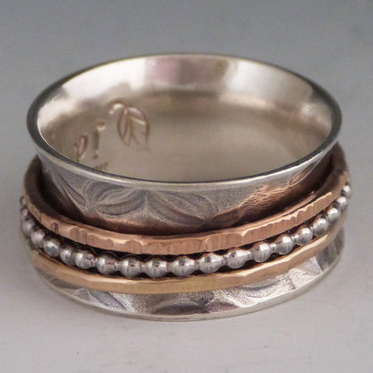 Tripple Spinner Ring Sterling Silver 14k Rose and Yellow Gold Fill